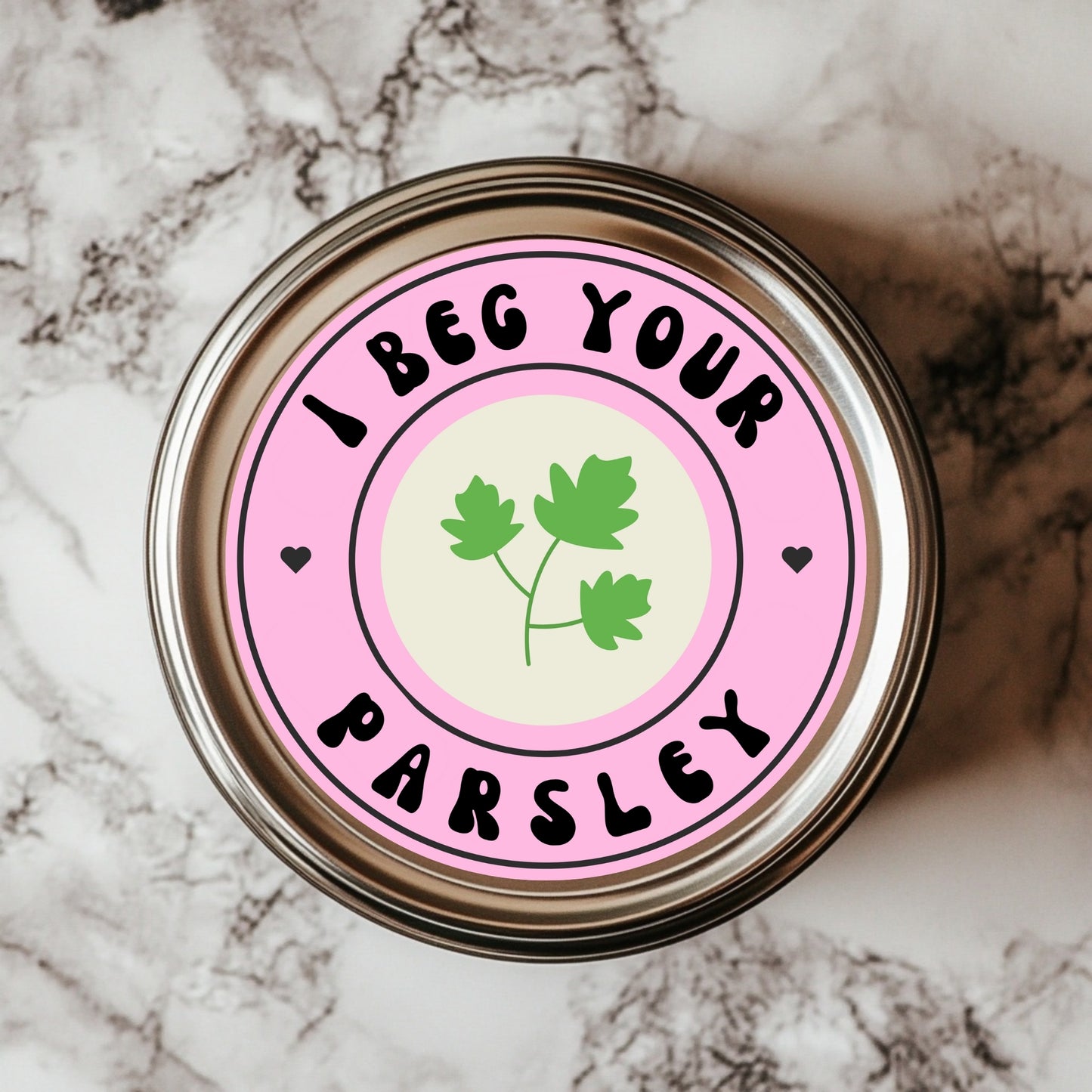 I Beg Your Parsley Sticker - Funny Herb Label, perfect for punny kitchen decor with a charming parsley leaf illustration, designed to add humor to your spice jars.