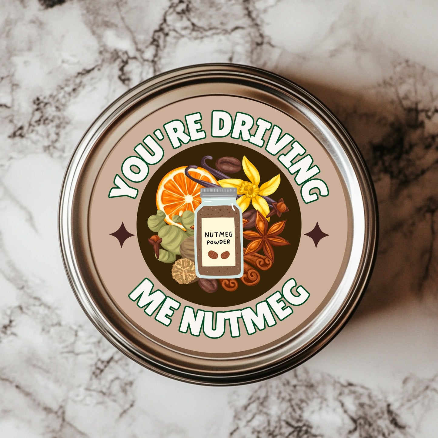 You'Re Driving Me Nutmeg Pun Vinyl Sticker - 2.25" Waterproof Spice Decor for Chefs & Bakers, featuring nutmeg and spice illustrations, perfect for kitchen labeling or as humorous gifts.