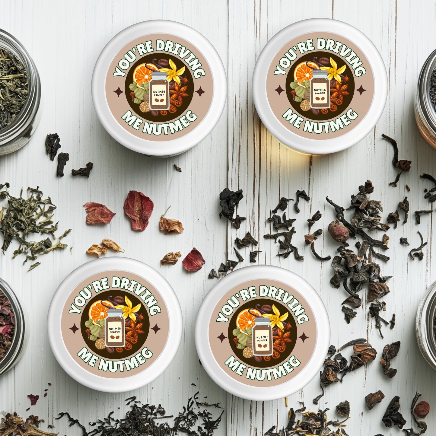 You'Re Driving Me Nutmeg Pun Vinyl Sticker - 2.25" Waterproof Spice Decor for Chefs & Bakers featuring vibrant colors and playful spice-themed designs.