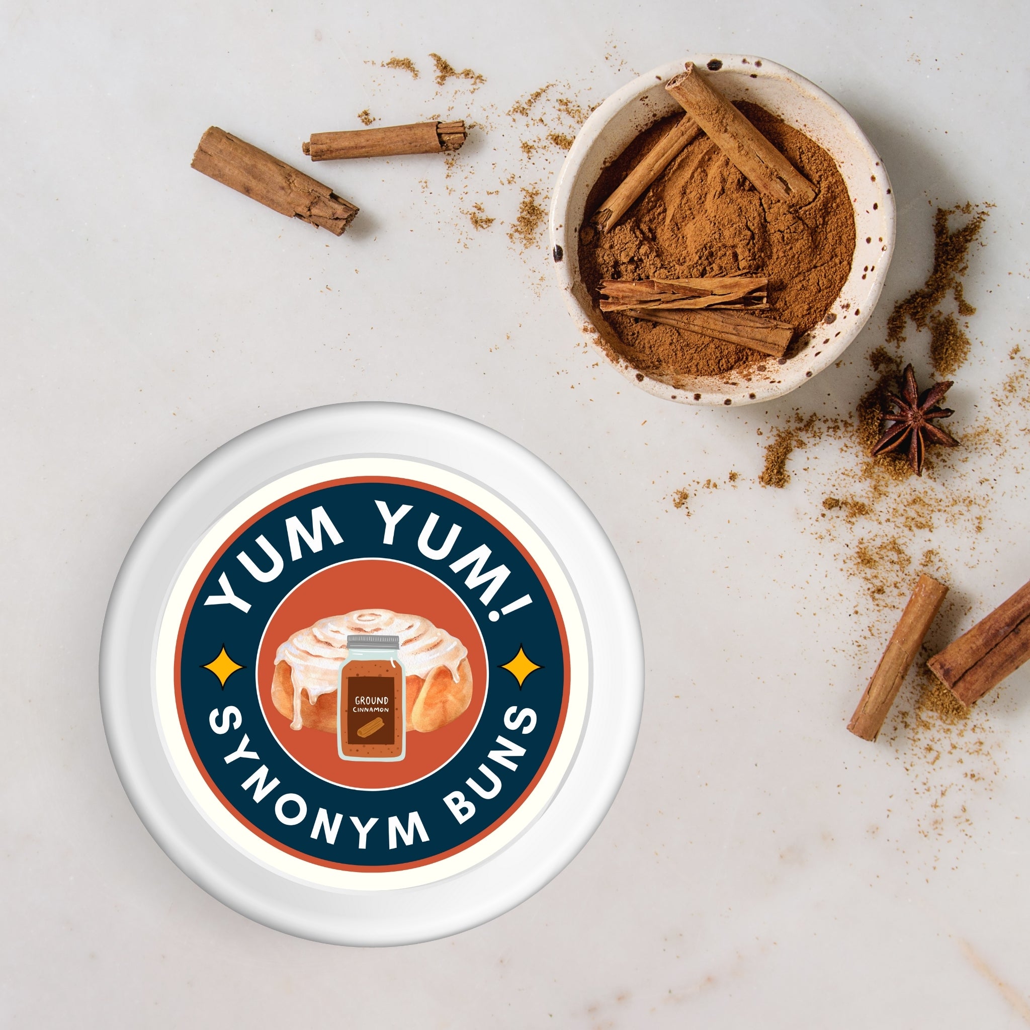 Yum Yum! Synonym Buns – Funny Cinnamon Sticker (3x3")