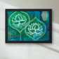 Framed artwork with lotus flowers on a teal background
