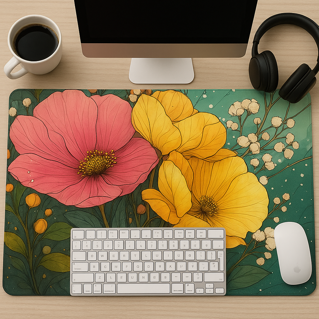 Colourful Floral Desk Mat featuring a vibrant floral design, perfect for enhancing workspace aesthetics and functionality.