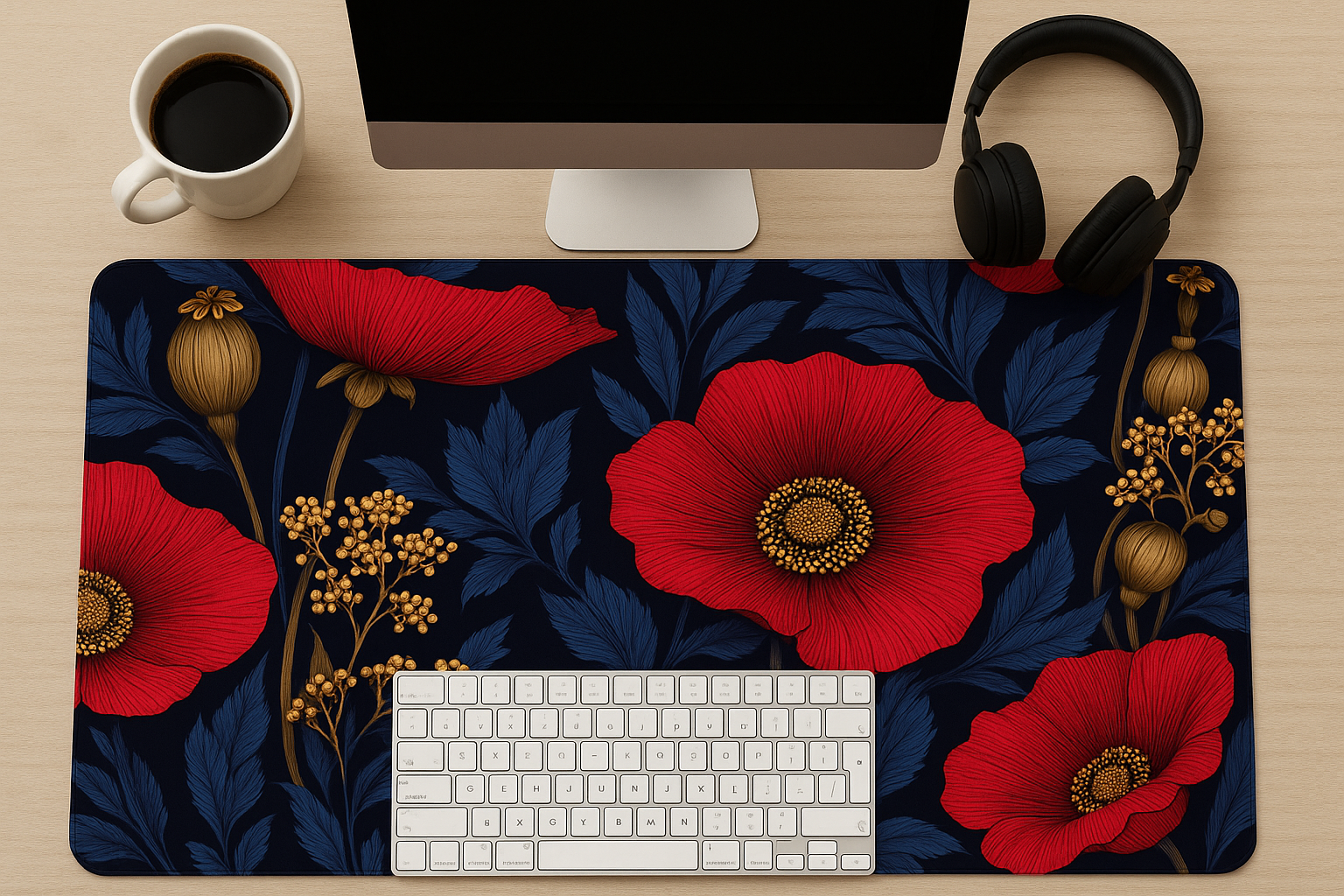 Close-up view of the Vivid Poppy Desk Mat, highlighting the durable hemmed edges and the smooth polyester surface of this anti-slip desk mat for improved mouse tracking.