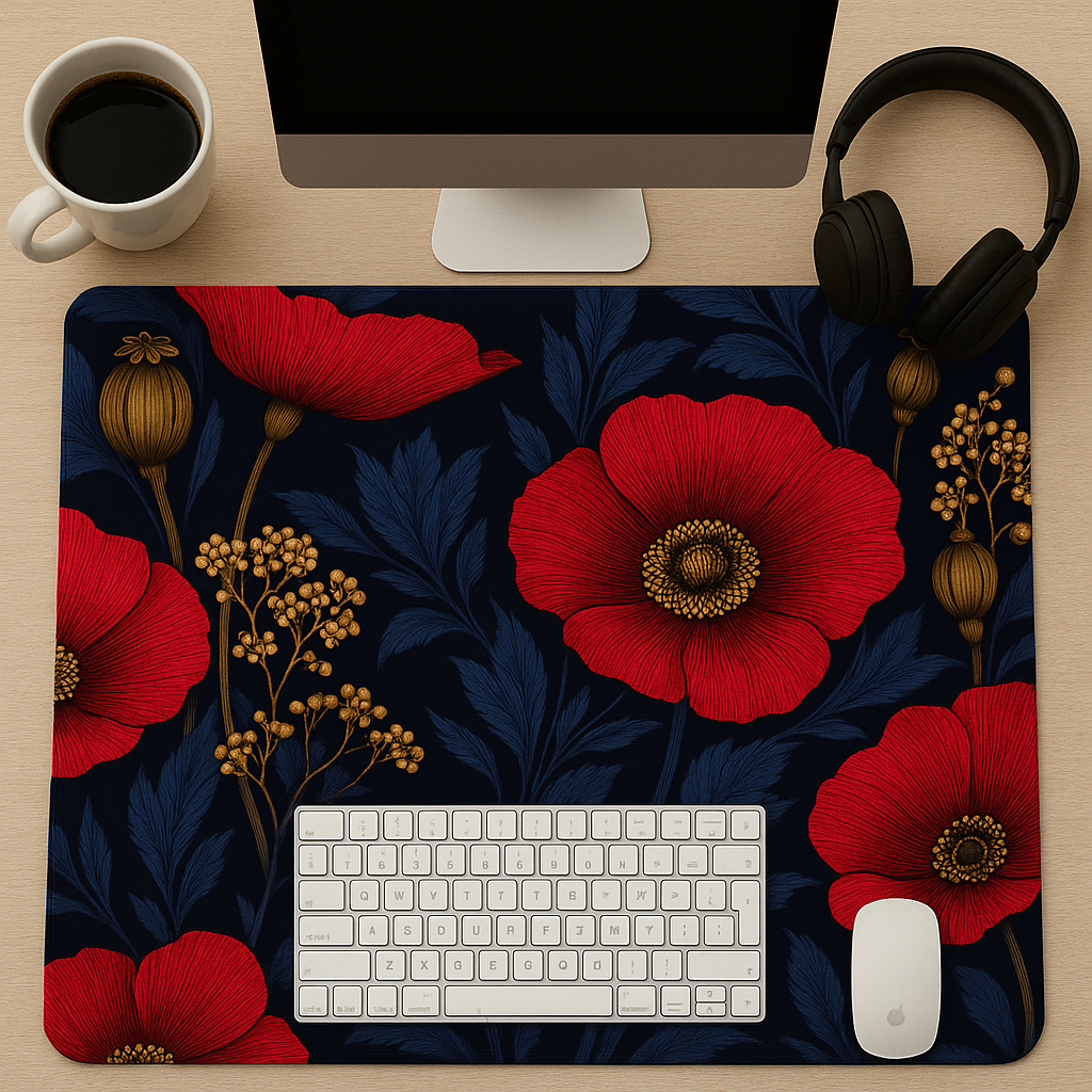 Vivid Poppy Desk Mat showcasing vibrant poppy design, a must-have anti-slip desk mat for gamers and professionals. Perfect for enhancing your workspace with style and functionality.