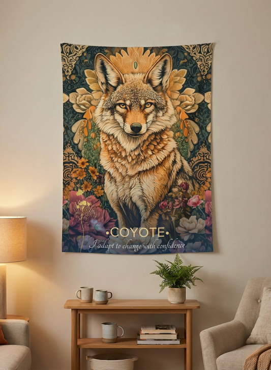 Coyote Wall Tapestry showcasing vibrant wild desert art, ideal for mindful spaces and featuring intricate coyote wall art design in warm floral motifs.