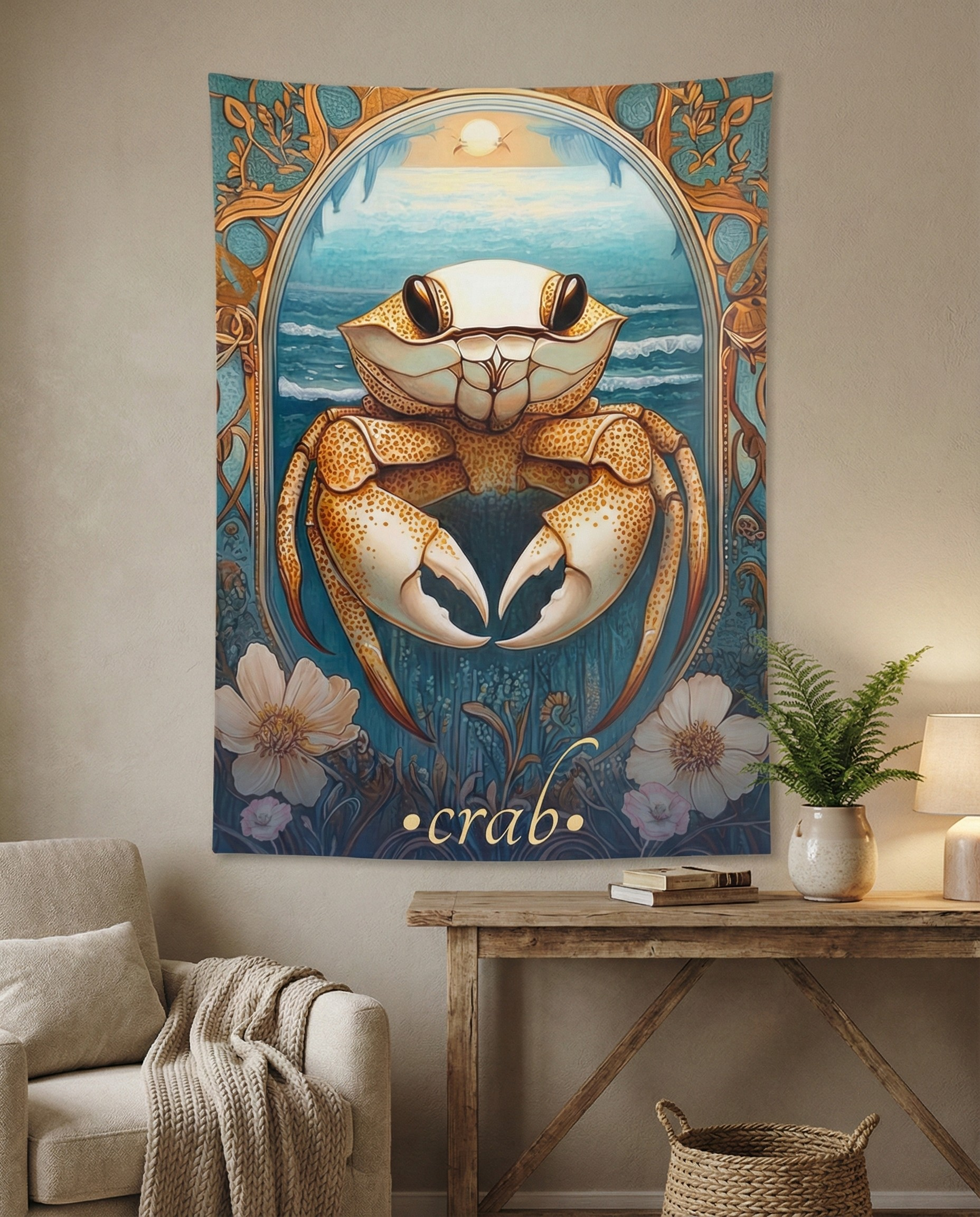 Golden Crab Wall Tapestry showcasing mesmerizing ocean waves and botanical motifs, perfect for coastal and bohemian decor, adding artistic flair to your space.