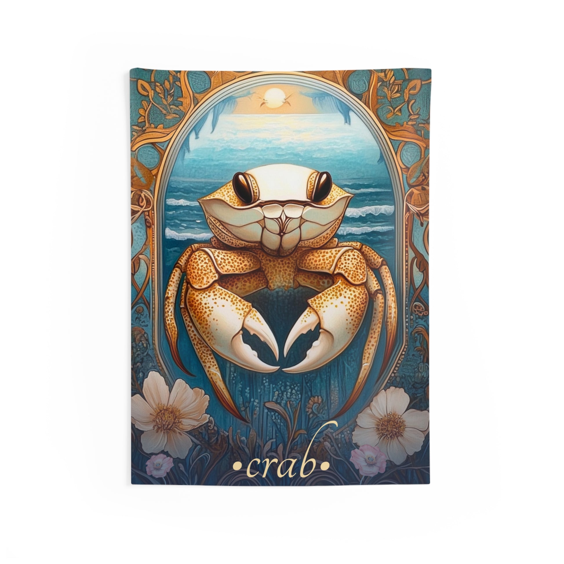 A wall tapestry featuring a detailed illustration of a crab with a background of ocean waves and botanical elements, in vibrant full colors on a white wall.