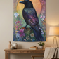 Crow Wall Art Tapestry featuring mystical gothic decor with indigo feathers and floral mandalas, perfect for unique spaces.