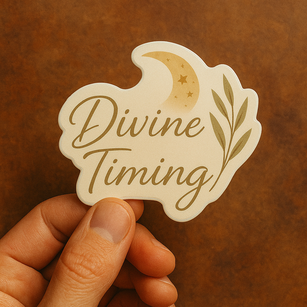 Hand holding a 'Divine Timing' wooden cutout with moon and star design on a brown background