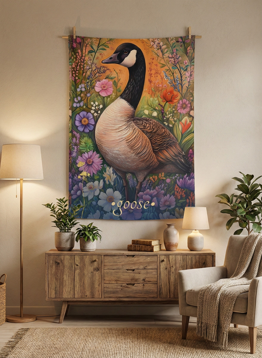 Wild Goose Wall Tapestry – Floral Bird Art for Bold, Nature-Inspired Interiors
