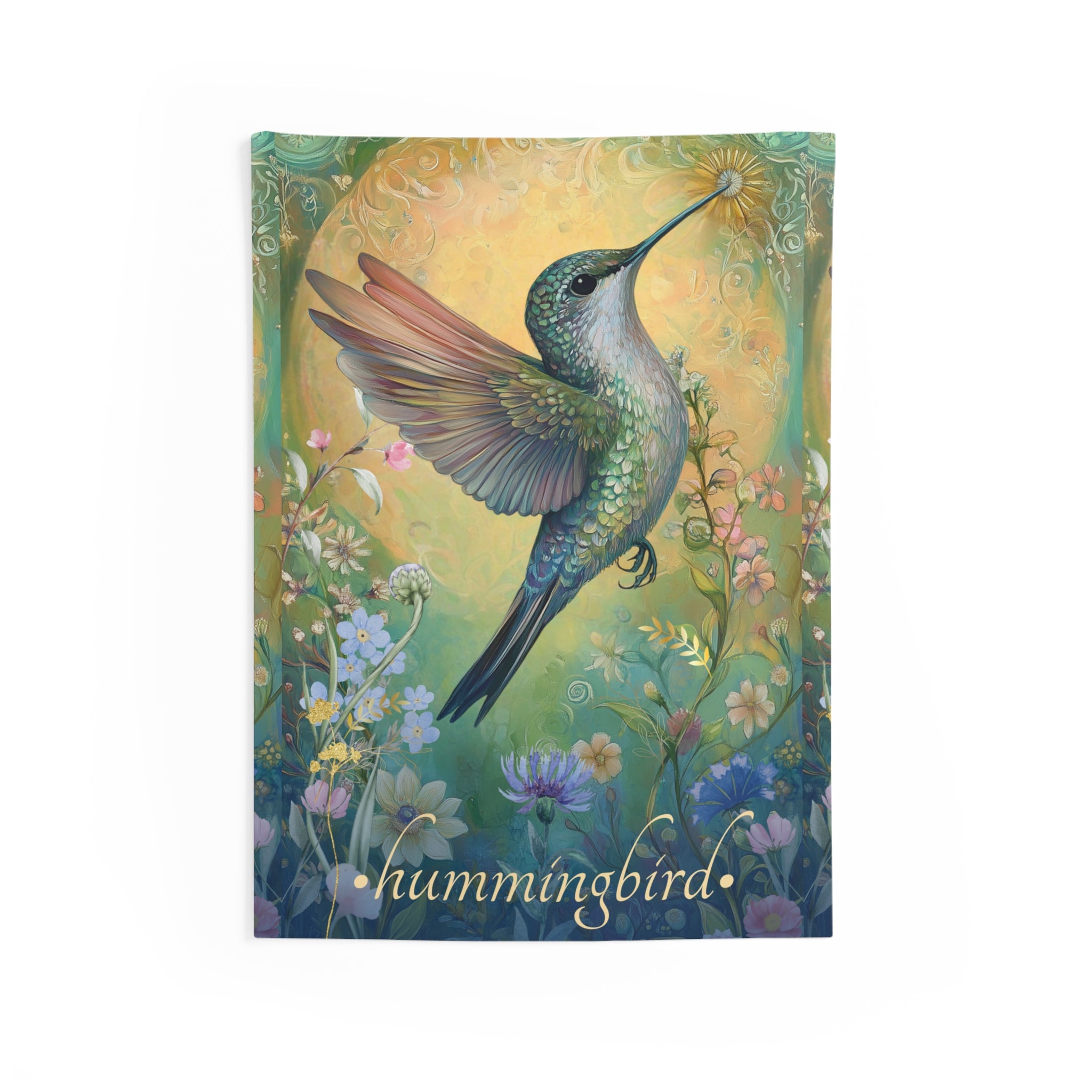 A wall tapestry featuring a colorful illustration of a hummingbird with open wings, hovering over a garden with various flowers.