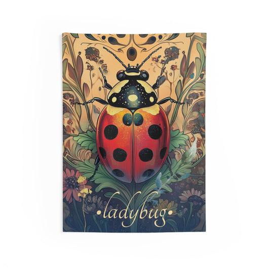 A wall tapestry featuring a bold and colorful illustration of a ladybug with a floral pattern in the background.