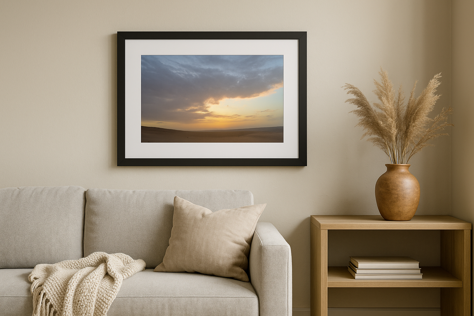Framed artwork above a sofa with a vase on a side table in a living room setting.