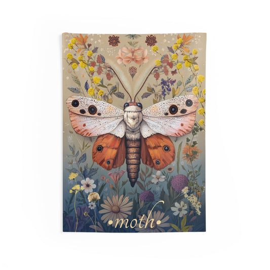 A rectangular wall tapestry featuring a detailed illustration of a moth with wildflowers in the background, predominantly in autumn colors.