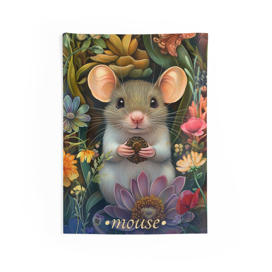 A wall tapestry featuring a whimsical illustration of a mouse with a floral background.