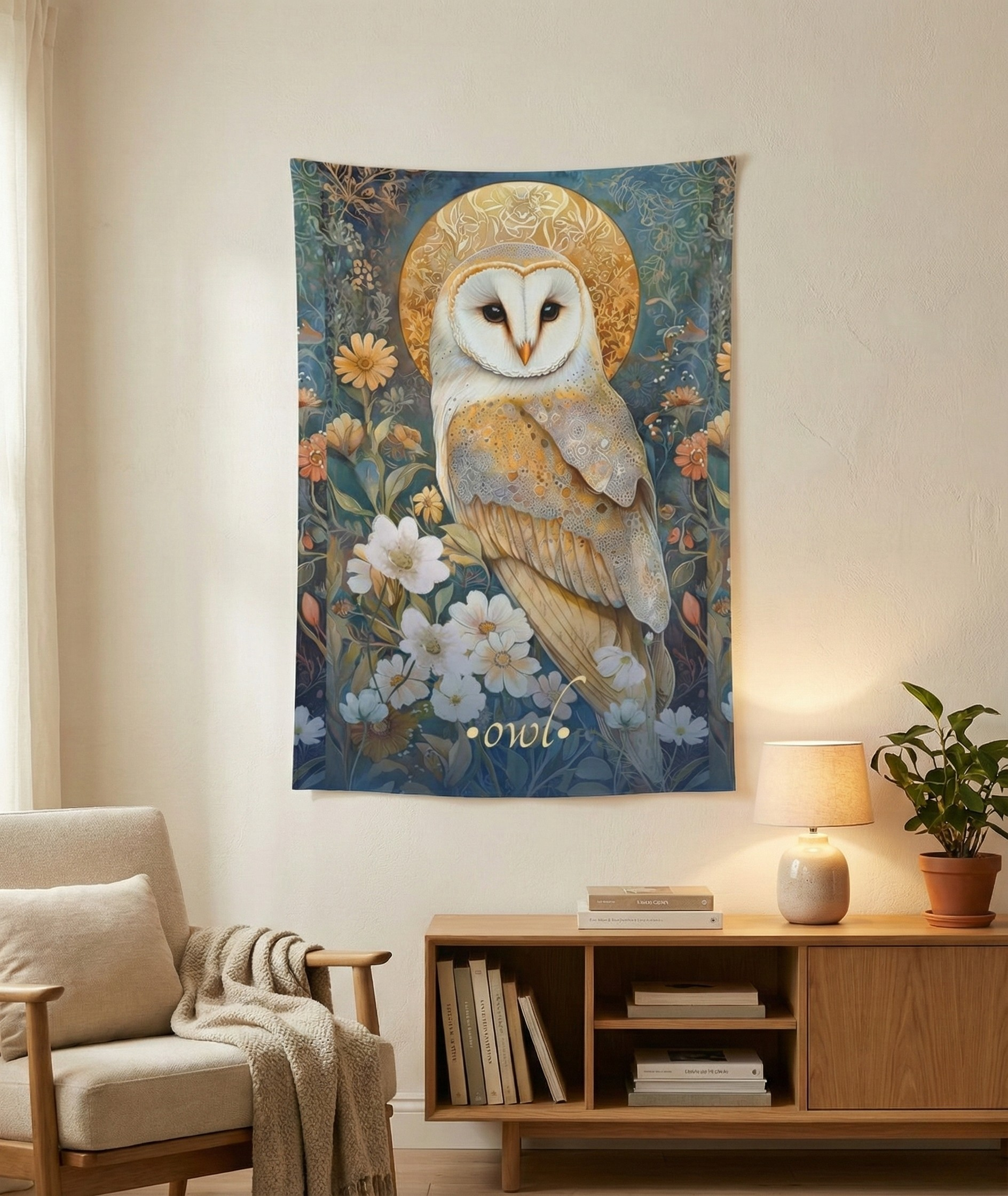 Celestial Owl Wall Tapestry – Ethereal Animal Art for Boho, Nature-Inspired Interiors