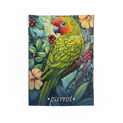 A wall tapestry featuring a vibrant illustration of a green and orange parrot surrounded by tropical plants and berries.