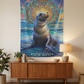 Radiant Sea Lion Wall Tapestry featuring a majestic sea lion surrounded by vibrant ocean waves and a mesmerizing mandala, perfect for Boho coastal décor.