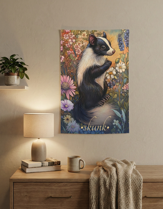 Whimsical Skunk Wall Tapestry – Botanical Animal Art for Cozy Cottagecore Homes