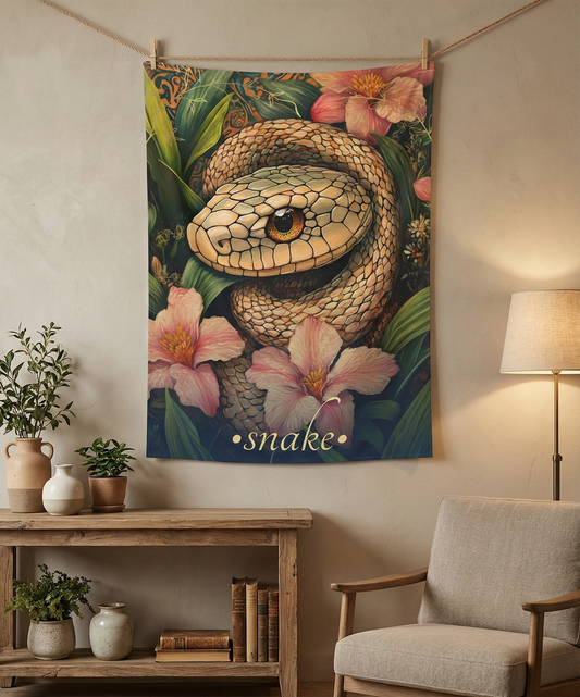 Sacred Snake Wall Tapestry - Vibrant Botanical Serpent Art for Bold Interiors