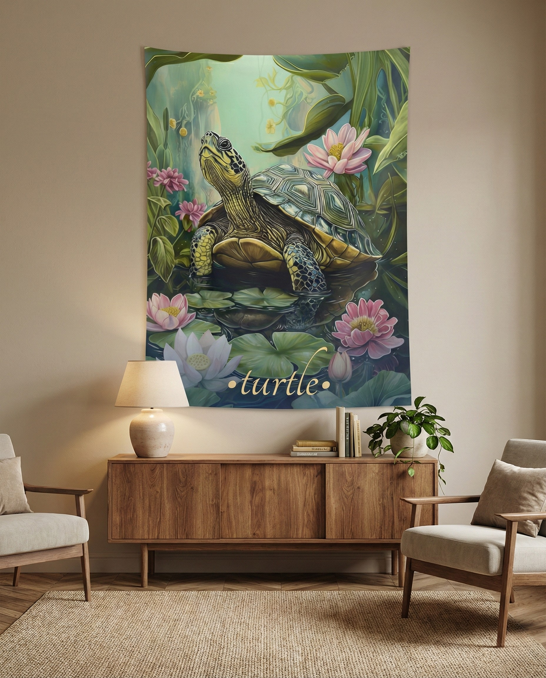 Serene Turtle Wall Tapestry – Peaceful Pond Animal Art for Grounded & Botanical Interiors