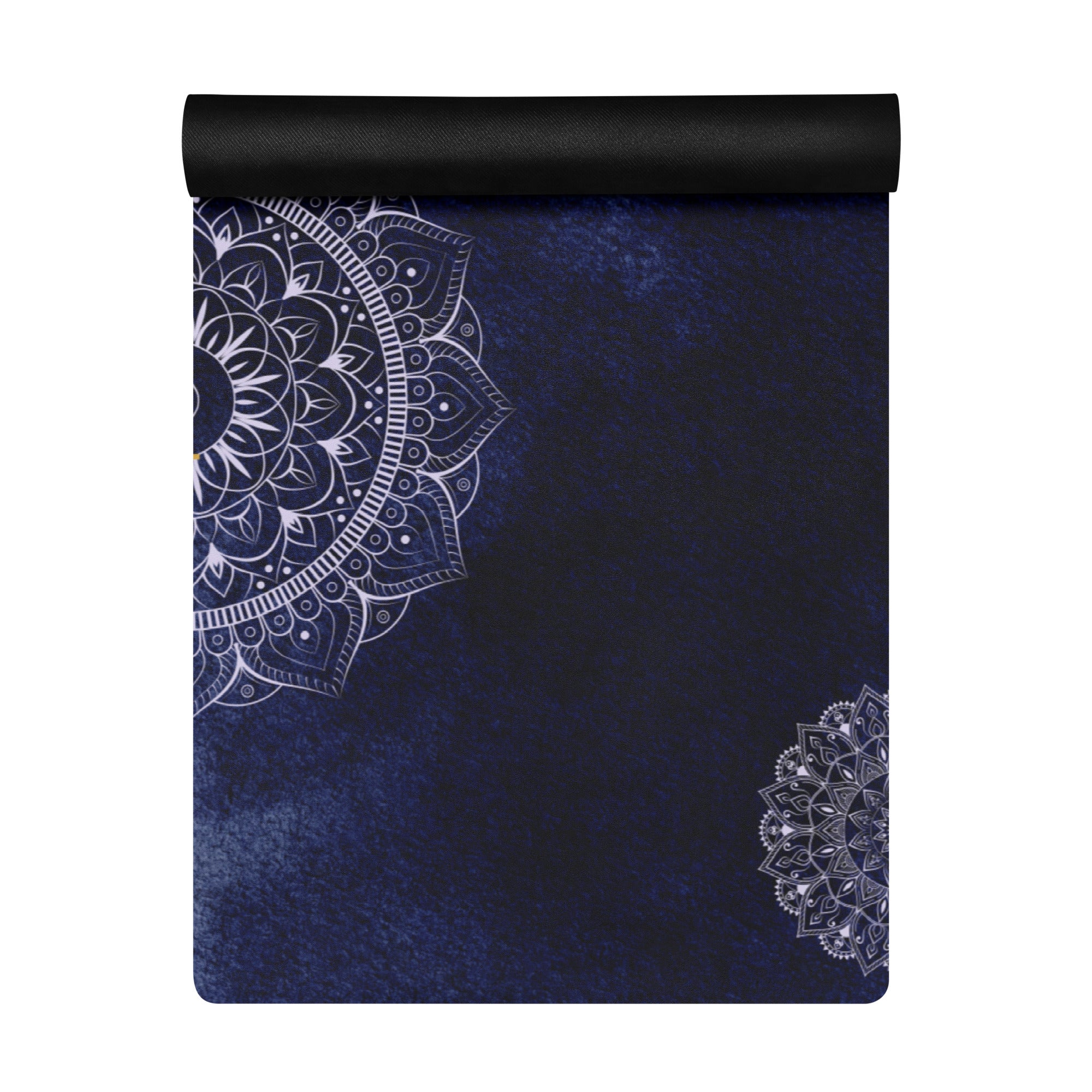 Zen mandala yoga mat featuring a detailed white mandala pattern on a deep blue textured background.