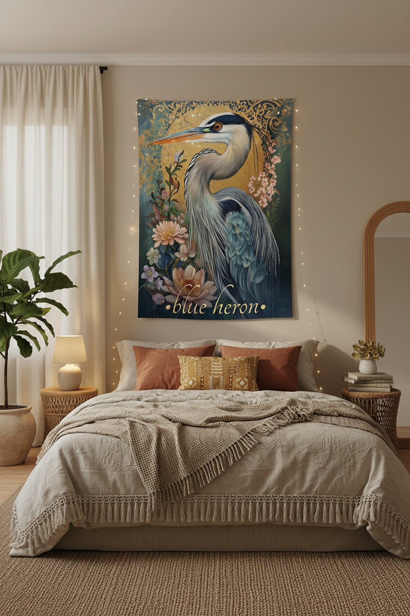 Blue Heron Tapestry Bedroom Mockup 2