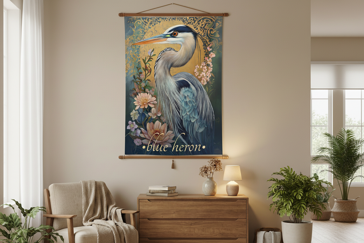 Blue Heron Tapestry in Modern Living Room