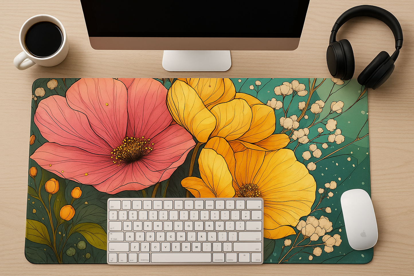 Close-up of the Colourful Floral Desk Mat showcasing its anti-slip rubber base and durable hemmed edges for long-lasting use.