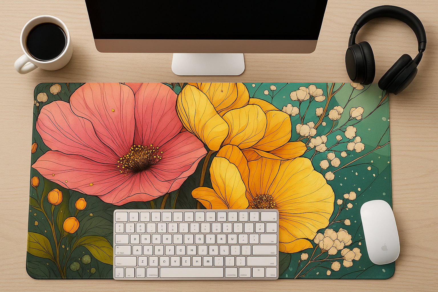 Close-up of the Colourful Floral Desk Mat showcasing its anti-slip rubber base and durable hemmed edges for long-lasting use.