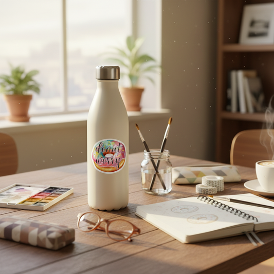 Donut Worry Sticker on Water Bottle or Journal
