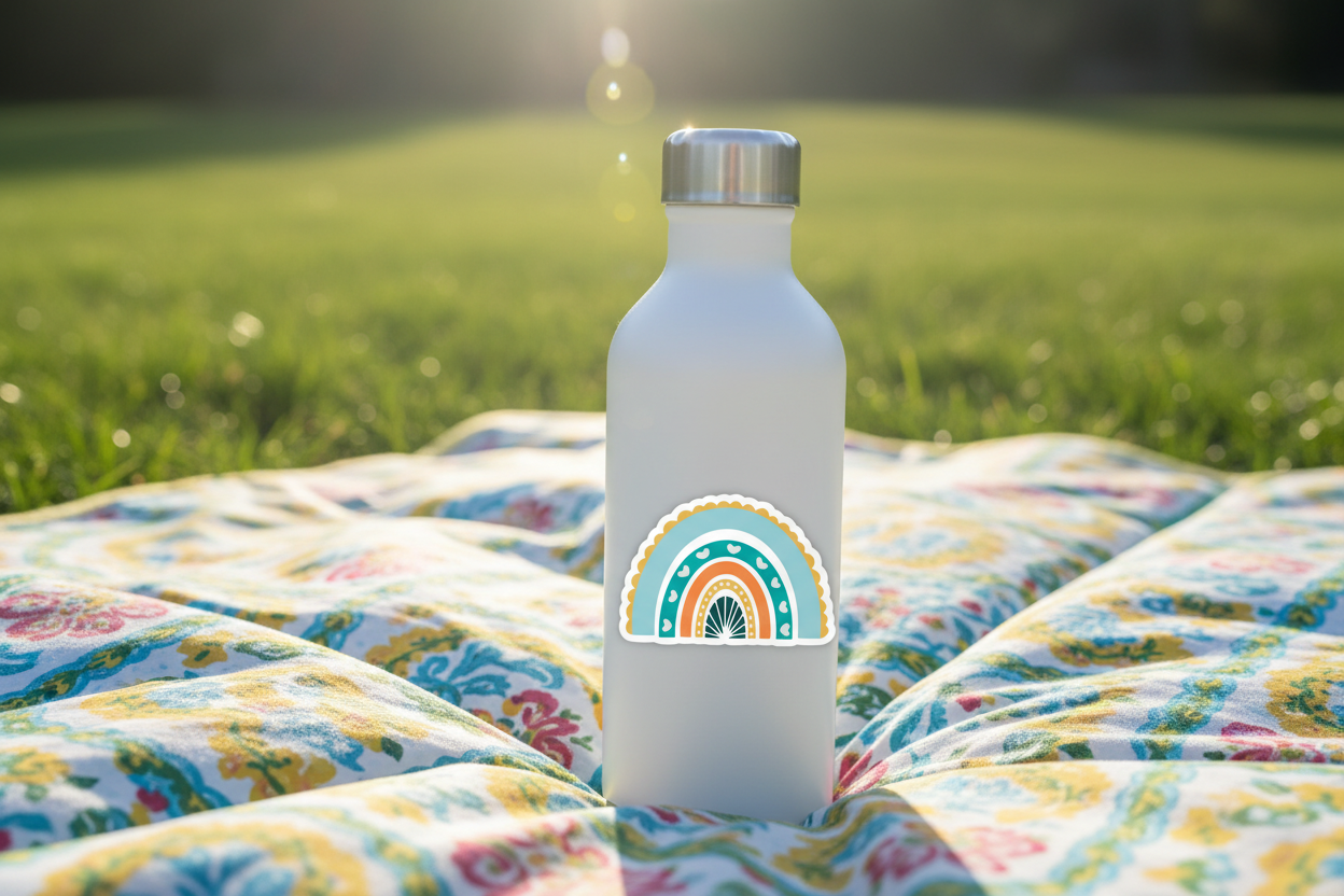 Happy Rainbow sticker on water bottle