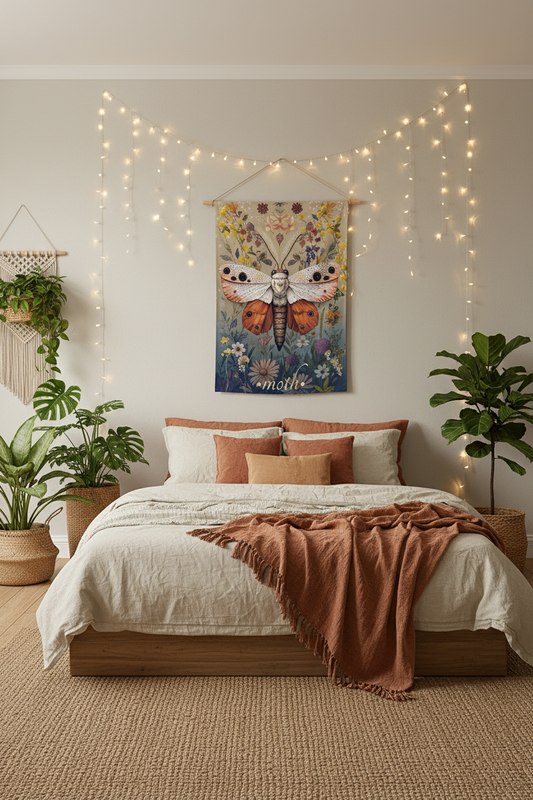Luminous Moth Tapestry Bedroom Mockup 2