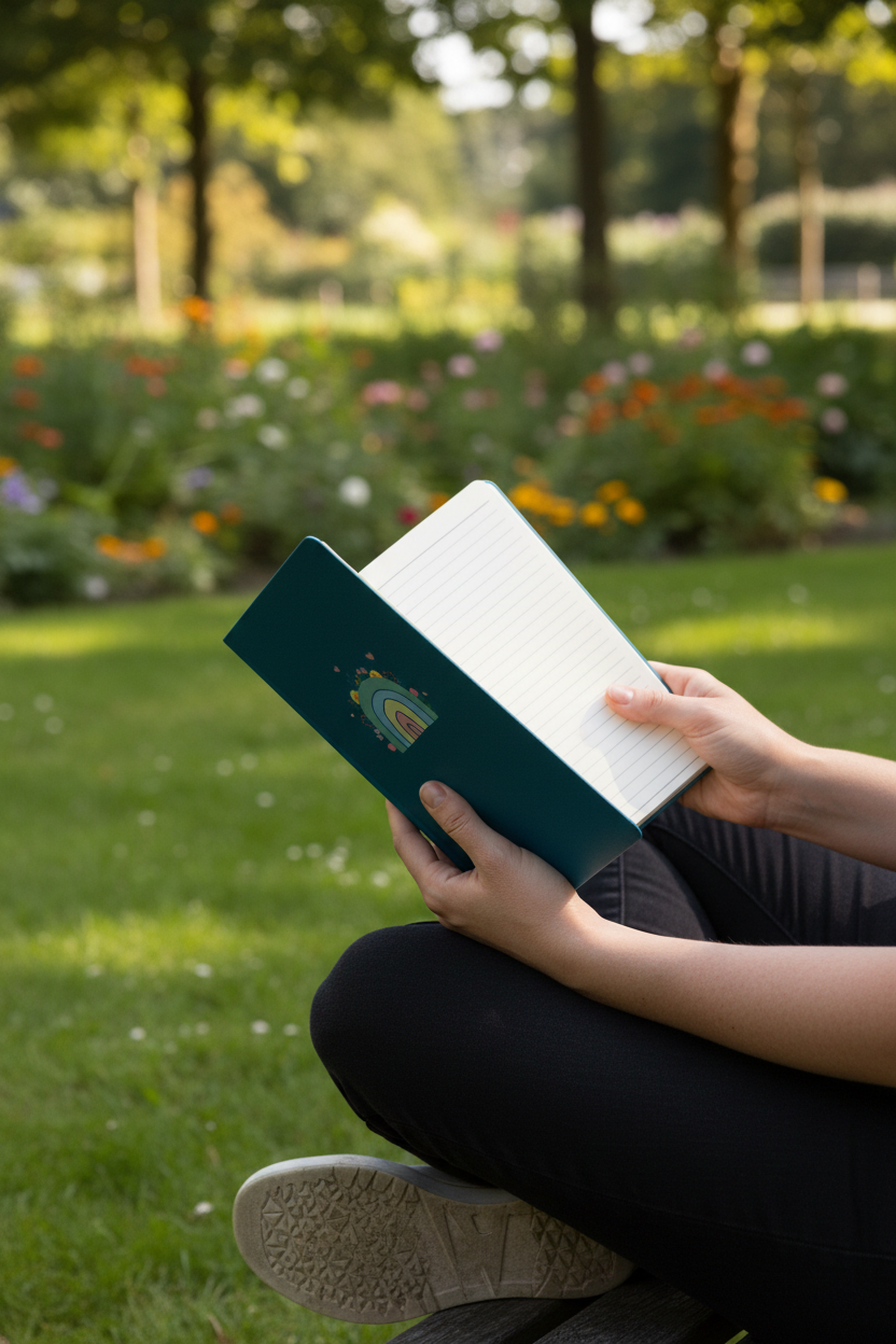 Rainbow notebook held outdoors in park