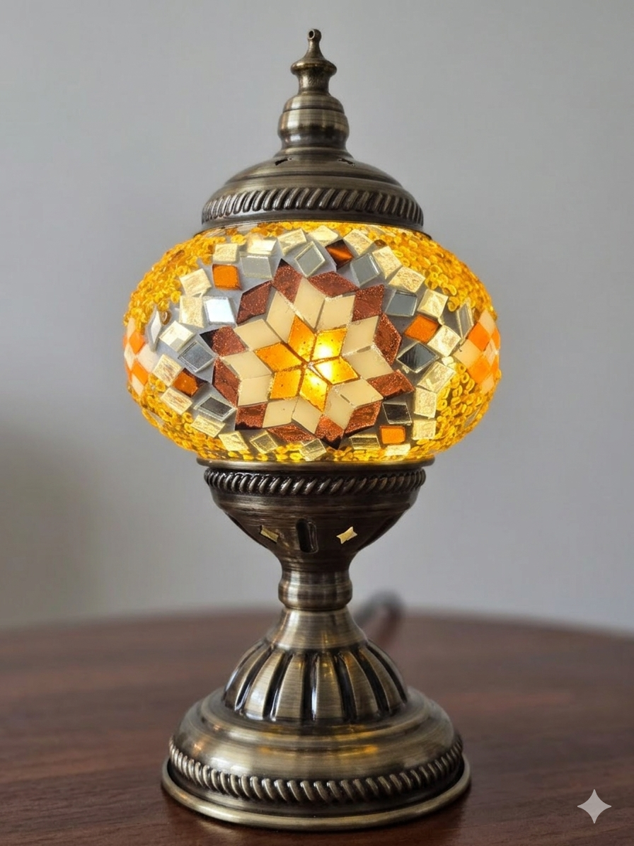 An enchanting view of the Golden Star Turkish Mosaic Lamp, showcasing its unique blend of clear and colorful glass.