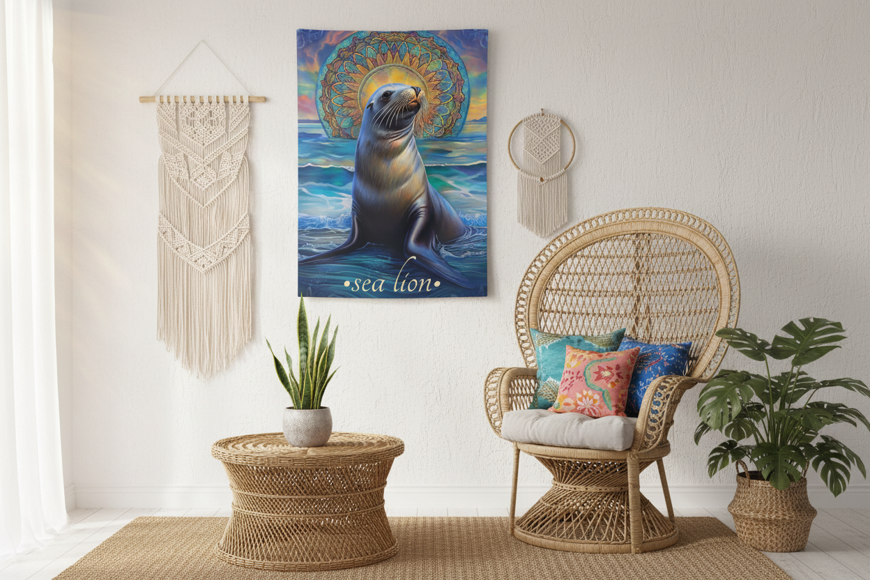 Sea Lion Tapestry in Boho Living Room