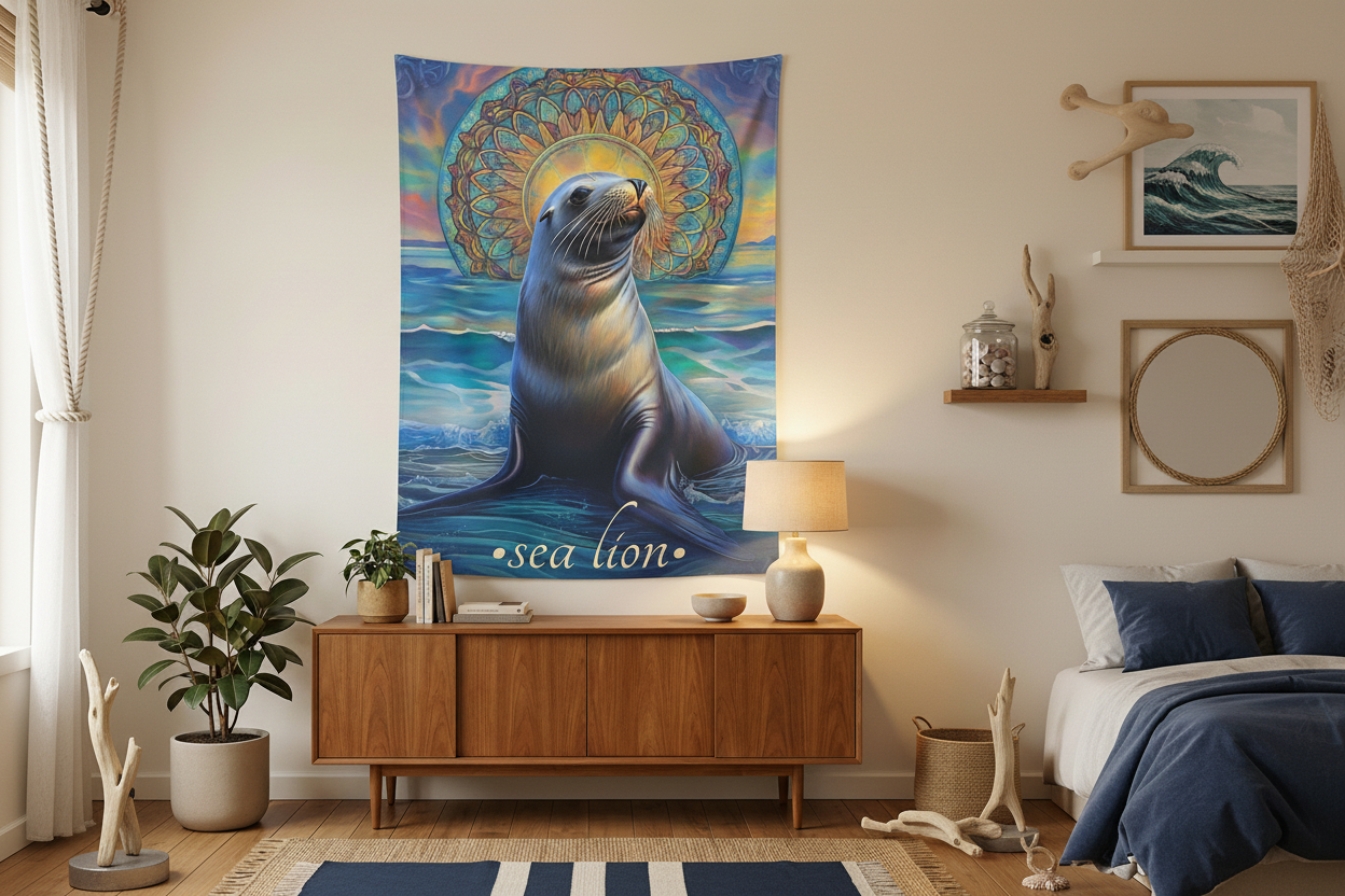 Sea Lion Tapestry in Coastal Bedroom