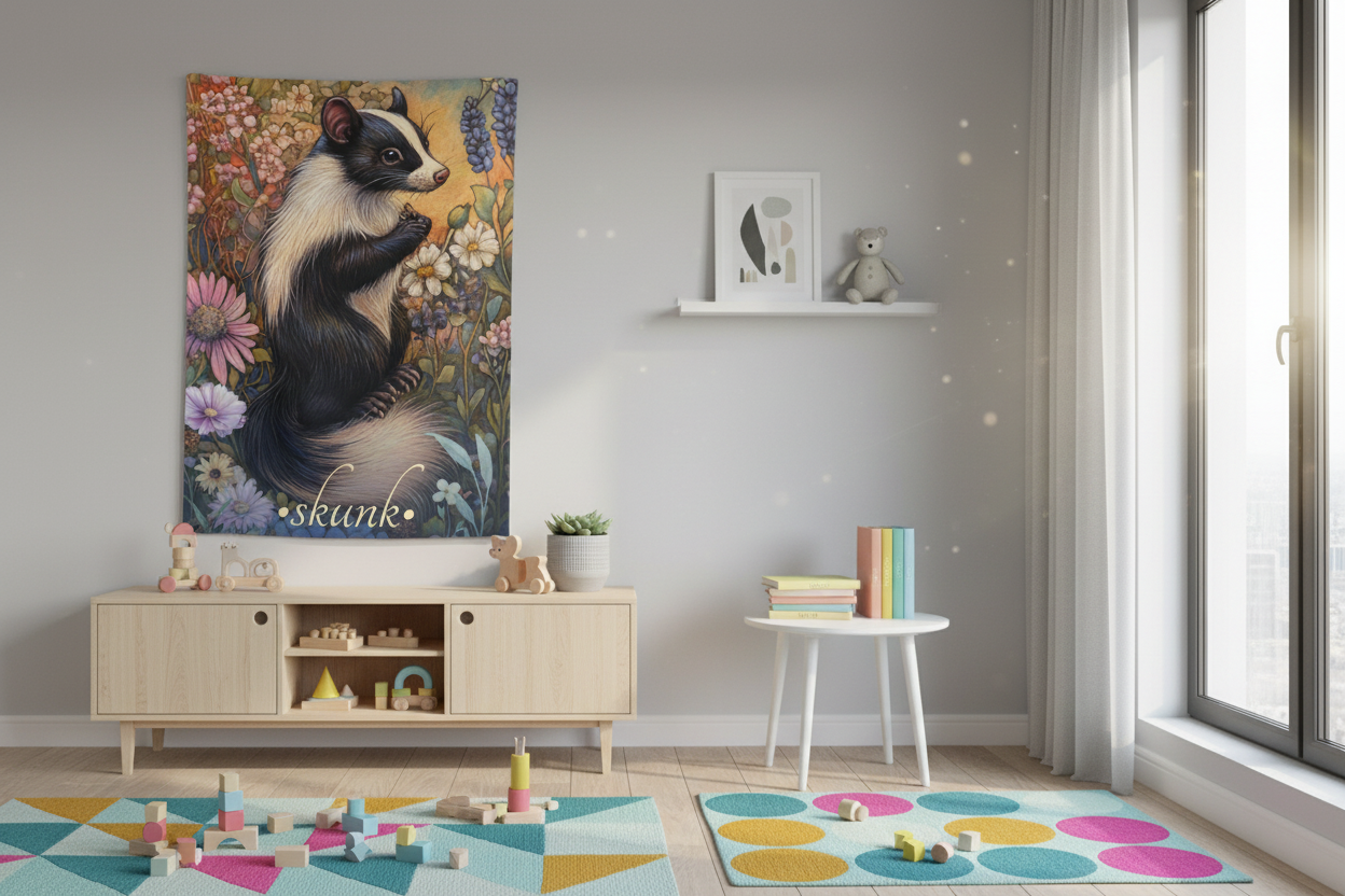 Skunk Tapestry in Modern Kids' Room