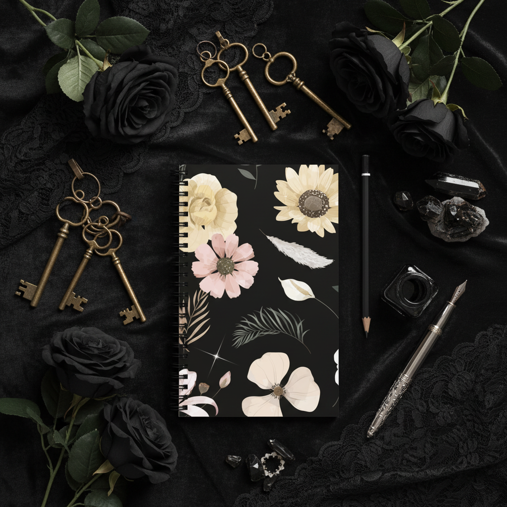 Vintage Black Floral Notebook Moody Flat Lay