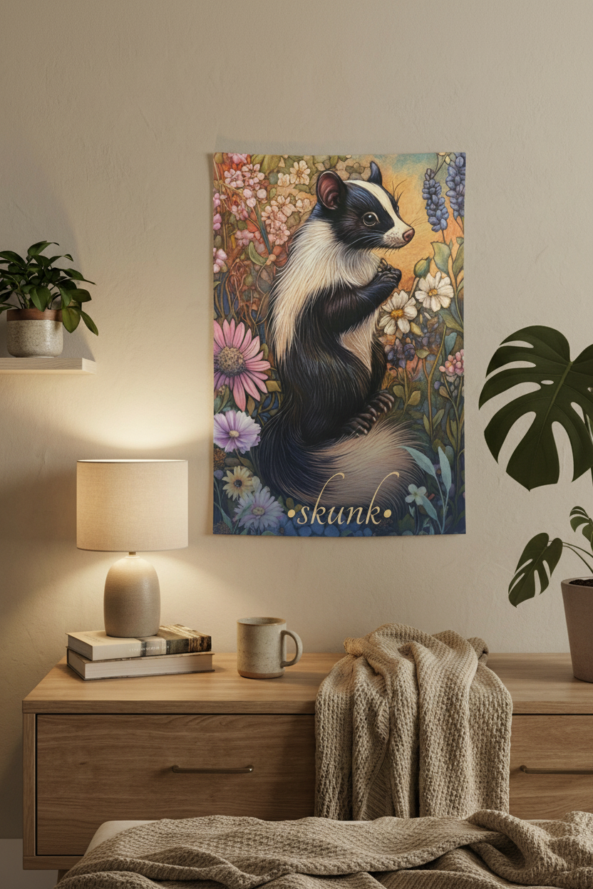 Whimsical Skunk Tapestry Bedroom Mockup 1