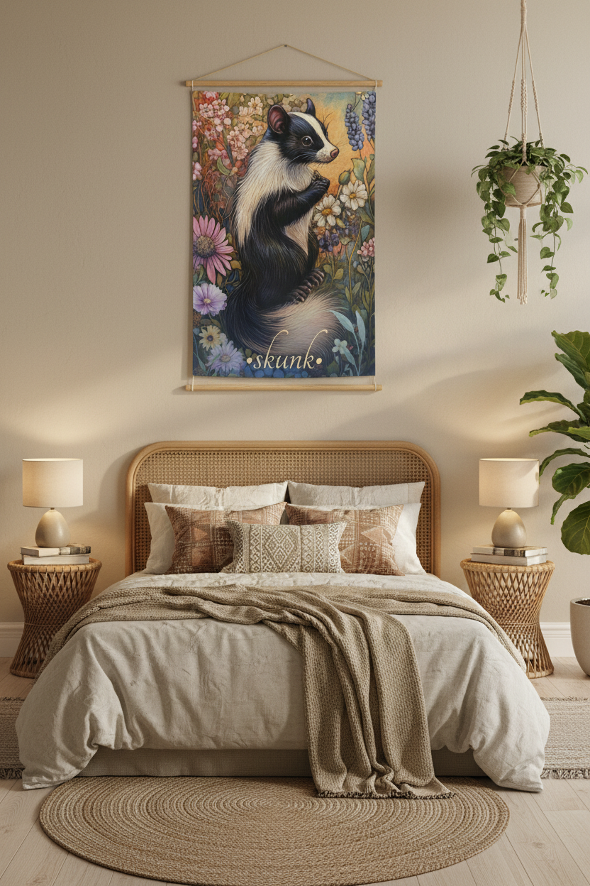 Whimsical Skunk Tapestry Bedroom Mockup 2