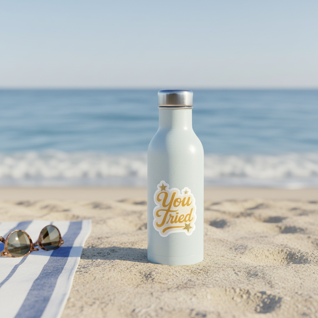 You Tried Sticker on Water Bottle at Beach